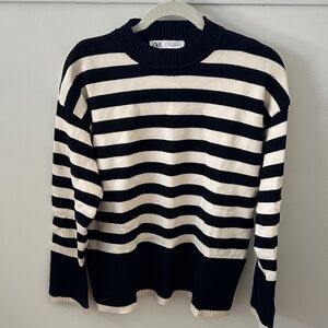 Zara Striped Black and Cream Crewneck Sweater